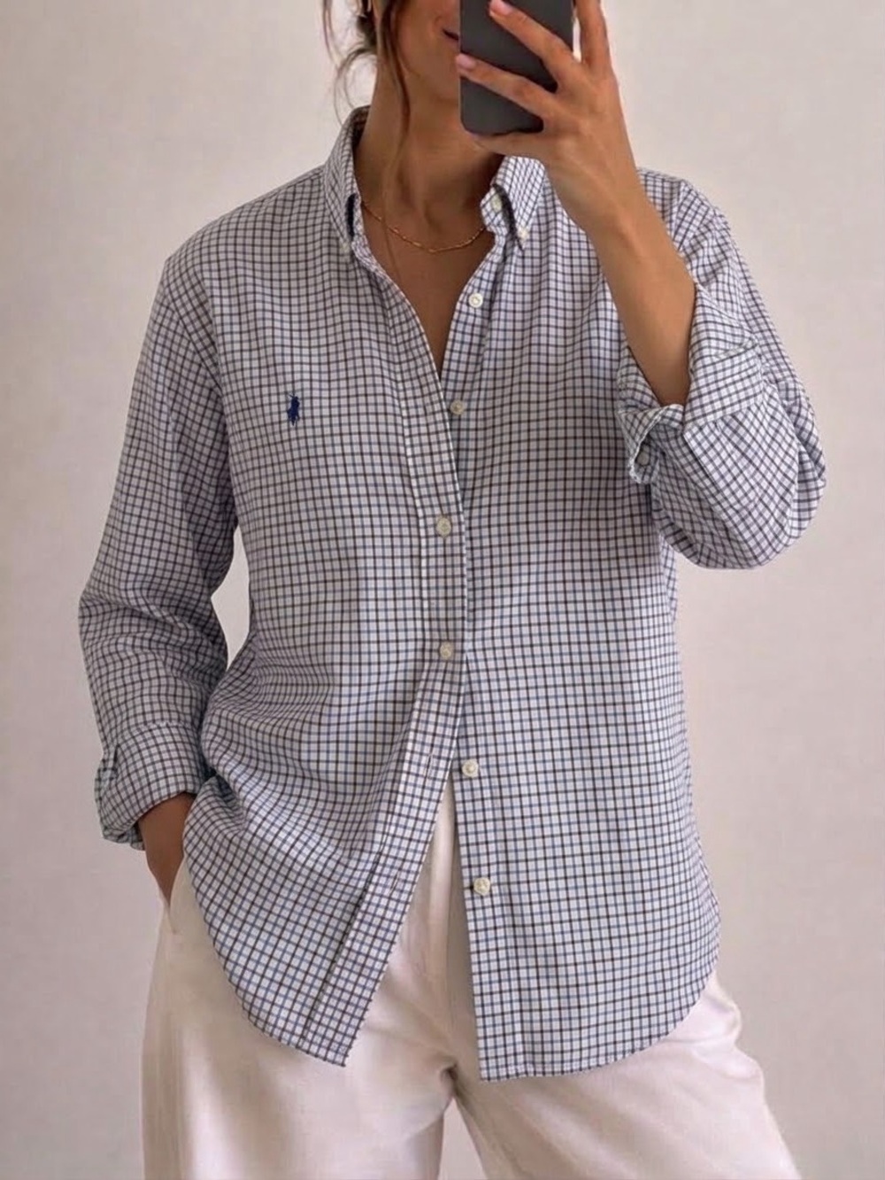Ralph Lauren Oversized Button Down Shirt Size Large XL Plaid Blue White Women’s